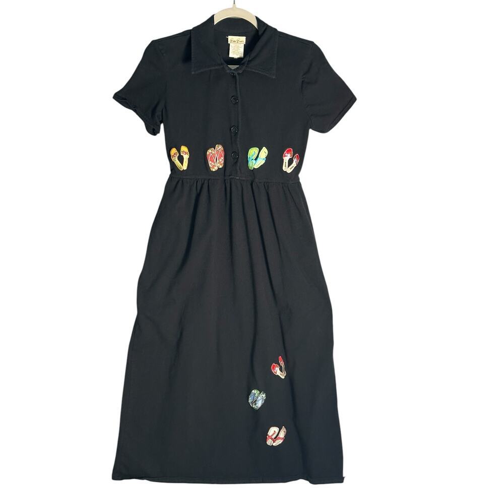 Bobbie Brooks Vintage Sz S Short Sleeve Embroidered Sandals Midi Dress Flip Flop